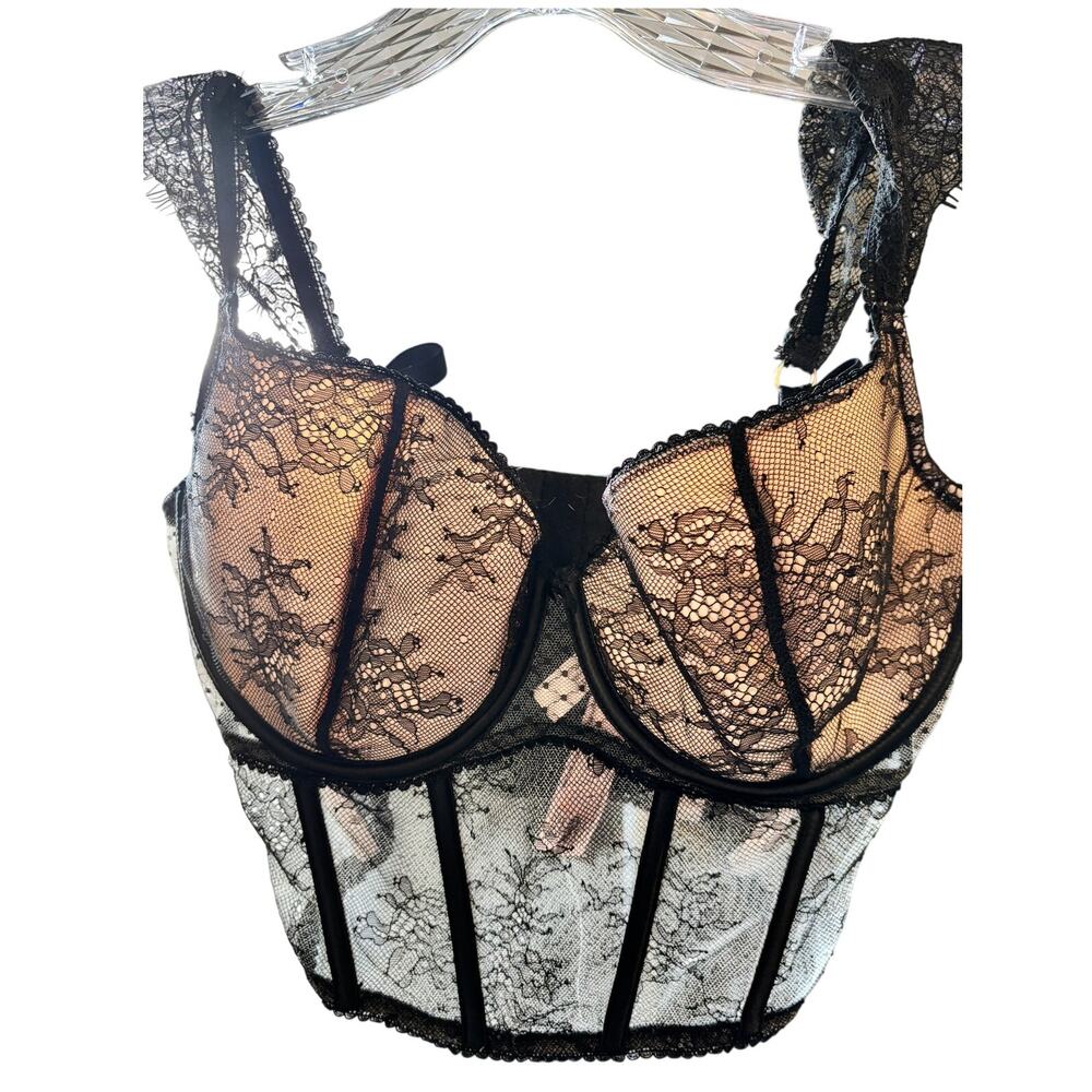 Victoria’s Secret Lace Corset Bustier Black Sheer Mesh Boned Romantic S